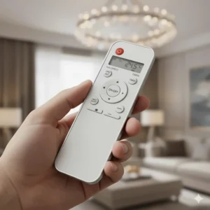 Handheld remote control for a crystal ceiling fan showing speed and dimming functions.