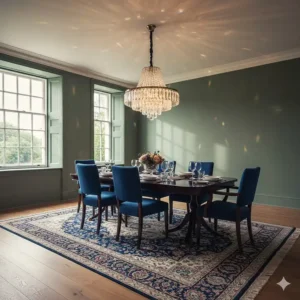 Elegant fandelier with shimmering crystals positioned above a dark wood dining table.