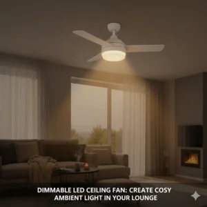 Visual representation of a dimmable LED ceiling fan light creating a cosy atmosphere in a lounge.