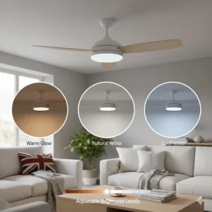 Graphic showing the adjustable brightness levels of a dimmable LED ceiling fan ranging from a warm glow to cool white light.