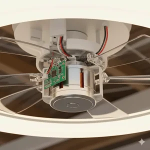 Detailed internal view of a modern fandelier highlighting the energy-efficient DC motor and circuit board for quiet operation.