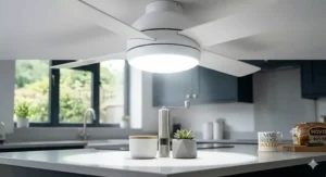 An energy-rated kitchen ceiling fan with bright downlight, highlighting low electricity consumption for UK households.