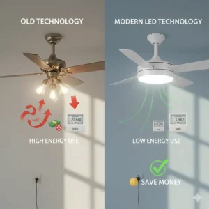 Infographic comparing old lighting technology with modern energy-efficient LED ceiling fans to save money on UK energy bills.