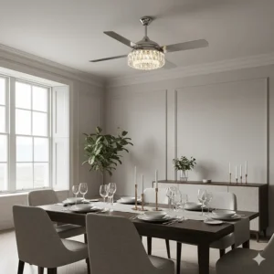 Energy-saving LED crystal ceiling fan with light, highlighting the low-wattage motor.