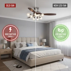 Energy efficiency graphic comparing a low wattage LED ceiling fan to a traditional high wattage light fitting.