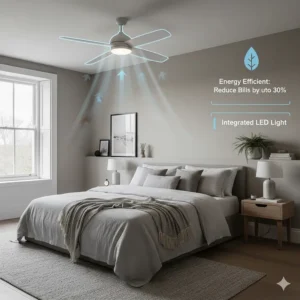 An energy-efficient small ceiling fan with LED light, perfect for reducing electricity bills in UK flats.