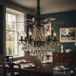 A traditional fandelier fitted with energy-efficient LED candle bulbs for reduced electricity consumption.