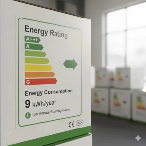 Close-up of a high-efficiency energy rating label on a ceiling fan box, indicating low annual running costs for UK households.
