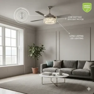 A fandelier style crystal ceiling fan with retractable blades shown in the closed position.