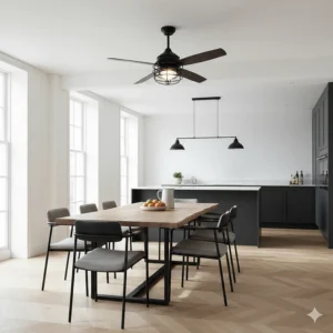 Industrial style black metal fandelier hanging above a wooden dining table in a modern UK kitchen-diner.