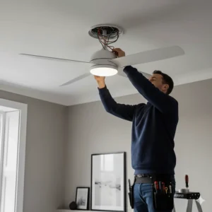 A low profile ceiling fan being installed onto a standard UK ceiling rose mounting point.