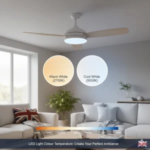 Comparison guide of LED light colour temperatures for a ceiling fan showing the difference between warm white and cool white tones.
