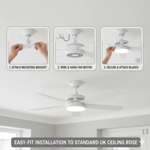 Illustration of the easy-fit bracket system for mounting a ceiling fan to a standard UK ceiling rose.