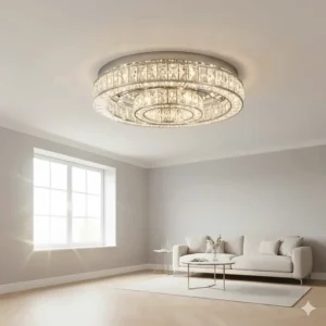 A flush-mount crystal fandelier designed for UK homes with lower ceiling heights.