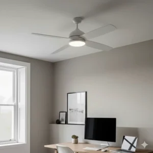 Close-up of a white hugger-style ceiling fan mounted flush to the ceiling in a small home office.