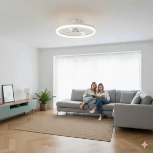 Low profile white modern fandelier design suitable for UK homes with lower ceiling heights, shown in a minimalist setting.