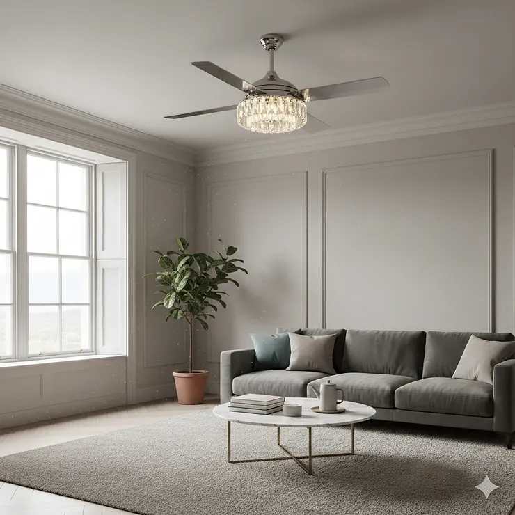 Elegant crystal ceiling fan with light installed in a modern British lounge with neutral decor. crystal ceiling fan with light