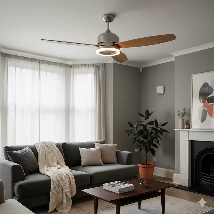 A modern silver ceiling fan with integrated colour changing LED light installed in a contemporary British living room. colour changing ceiling fan light