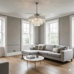 Contemporary crystal fandelier with a tiered glass design, ideal for a minimalist UK apartment.