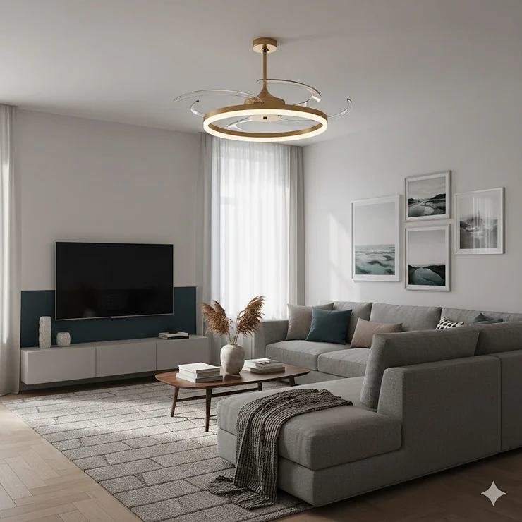 A modern fandelier with a brushed gold finish and retractable blades integrated into a contemporary UK lounge ceiling. modern fandelier