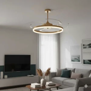 Close-up of a modern fandelier with transparent acrylic blades extended for cooling in a neutral-toned room.