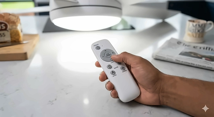 A modern brushed chrome kitchen ceiling fan with a bright LED downlight installed over a central island in a contemporary UK kitchen-diner. kitchen ceiling fan with bright downlight