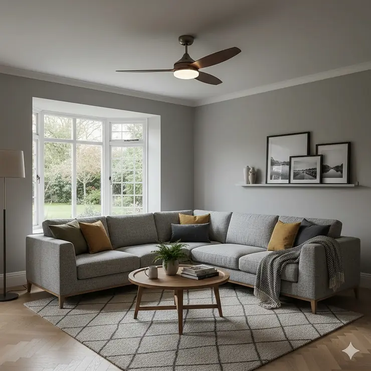 Stylish modern living room featuring a flush-mount LED ceiling fan with integrated light and remote control. living room led ceiling fan with light
