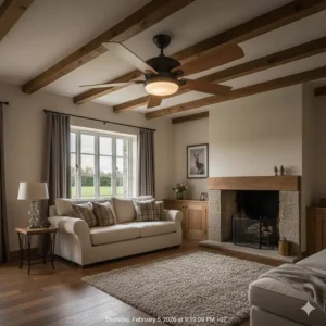 A traditional-style ceiling fan with oak-effect blades and integrated LED lighting in a cosy British cottage lounge.