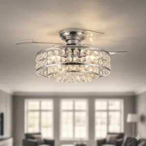 Modern polished chrome ceiling fan with integrated crystal light kit and silver blades.