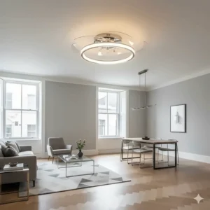 Polished chrome fandelier with an integrated dimmable LED ring in a spacious, high-ceilinged British flat.