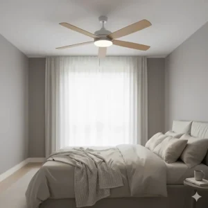 A quiet-running colour changing ceiling fan light with a timber blade finish in a neutral UK master bedroom.