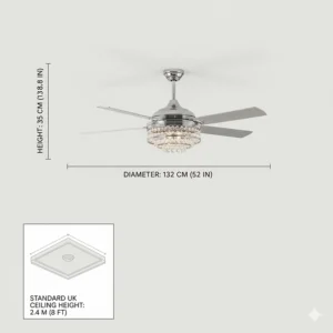 A quiet-running crystal ceiling fan with light above a double bed in a UK master bedroom.