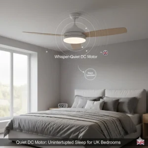 A dimmable ceiling fan with a whisper-quiet DC motor installed in a modern British bedroom to ensure a peaceful night's sleep.