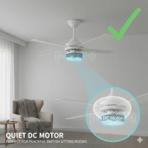 Illustration highlighting a silent DC motor, ideal for quiet evenings in a British sitting room or lounge.