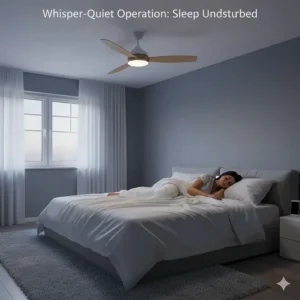 An energy-efficient ceiling fan installed in a quiet British bedroom, highlighting silent operation for better sleep quality.