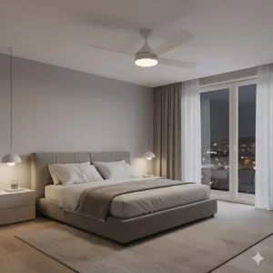 A low-noise LED ceiling fan with lights positioned above a bed in a stylishly lit UK master bedroom.