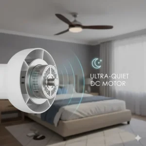 Internal view of an ultra-quiet DC motor for a bedroom LED ceiling fan designed for silent operation in British homes.