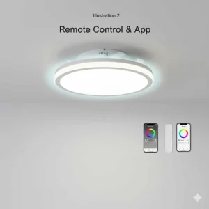 A handheld remote control and smartphone app used to adjust the colour changing ceiling fan light.
