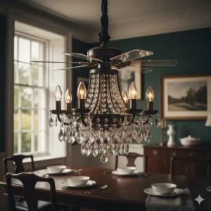 A bronze traditional fandelier with blades retracted, appearing as a classic chandelier over a dining table.