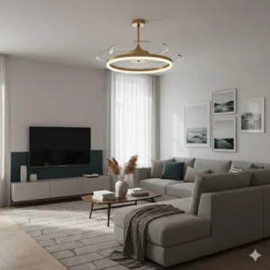 A modern fandelier with blades retracted, functioning as an elegant LED pendant light fixture in a stylish lounge.