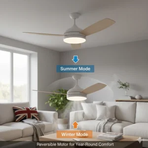 Illustration showing how a reversible ceiling fan motor provides cooling in summer and circulates heat during British winter months.