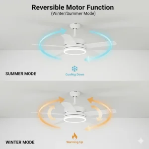 Diagram explaining the reversible motor function of a ceiling fan for year-round comfort in British climates.
