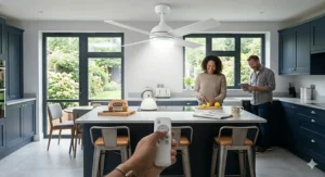 Diagram showing a kitchen ceiling fan with a reversible motor for summer cooling and winter heat circulation in a UK flat.