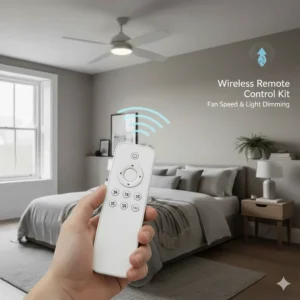 Handheld remote control for a low profile ceiling fan, showing speed settings and light dimming features.