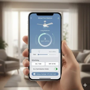 A smartphone showing a mobile app controlling an energy-efficient ceiling fan's speed and schedule to optimise home energy use.