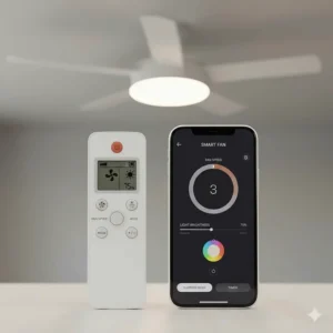 Close-up of a handheld remote and a smartphone app used to dim the LED light and adjust the fan speed.