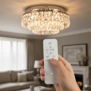 Close-up of a remote control used to adjust the fan speed and LED brightness of a crystal fandelier.