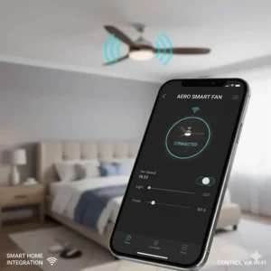 Smartphone app interface displaying Wi-Fi smart home integration for controlling bedroom fan speed and LED light settings.