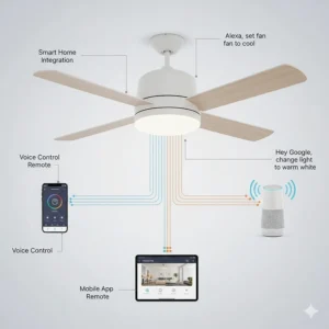 Infographic showing a colour changing ceiling fan light compatible with smart home voice assistants.