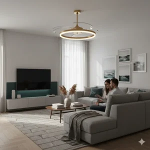A modern fandelier being operated by a couple via a remote control in a smart home living space.